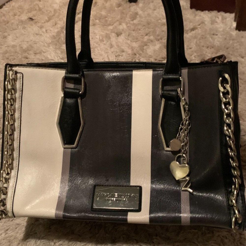 Marc New York Leather and Chains Handbag Purse Black and White Keychain Charms